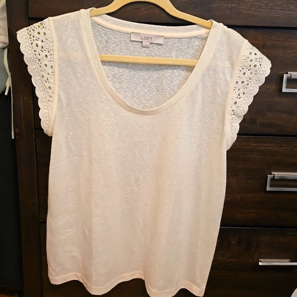 LOFT Crochet Cap Sleeve Shirt Ivory/Cream/Off-White Top Tee Scoop Neck Large/L